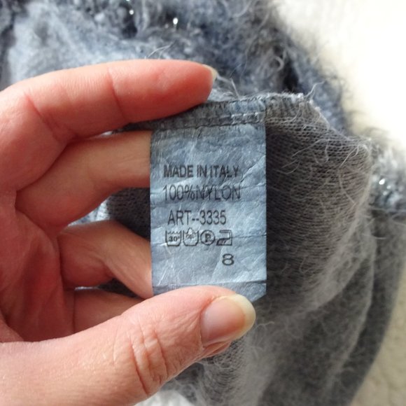 French Boutique Blue textured sweater, V-neck bell sleeve pointed hem M - Picture 10 of 10